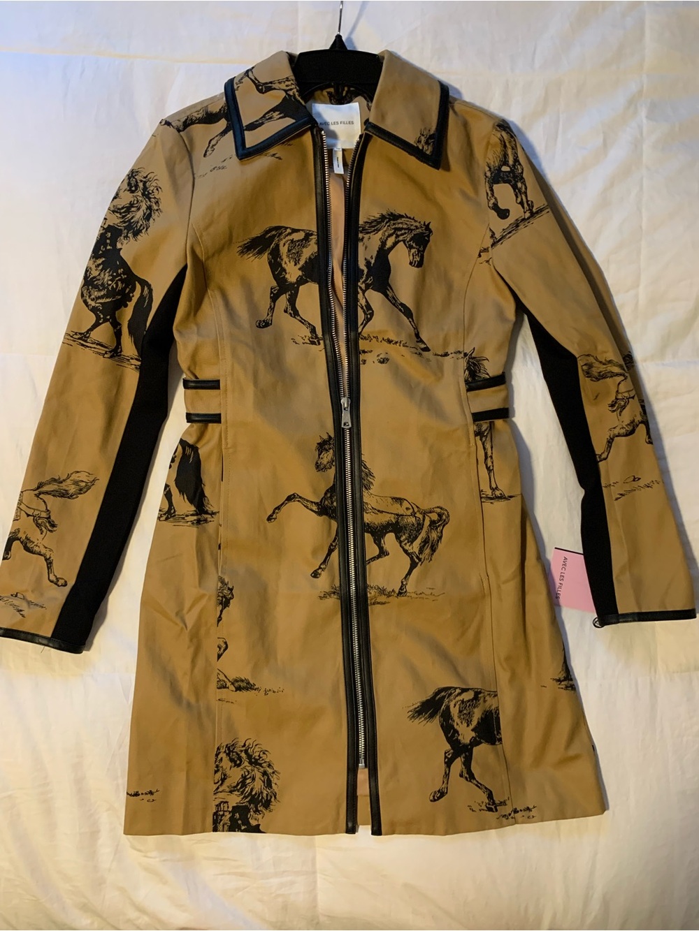 Avec Les Filles Tan Trench Coat with Black Horse Print
